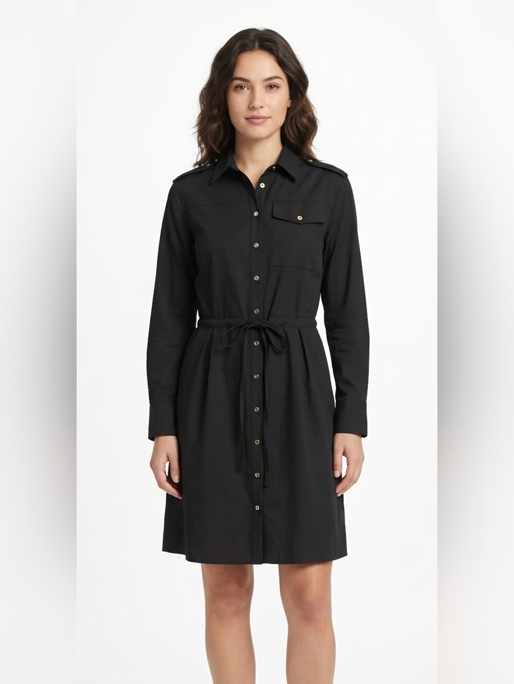 Calvin Klein Black Long-Sleeve Shirt Dress with Drawstring Waist Size 2